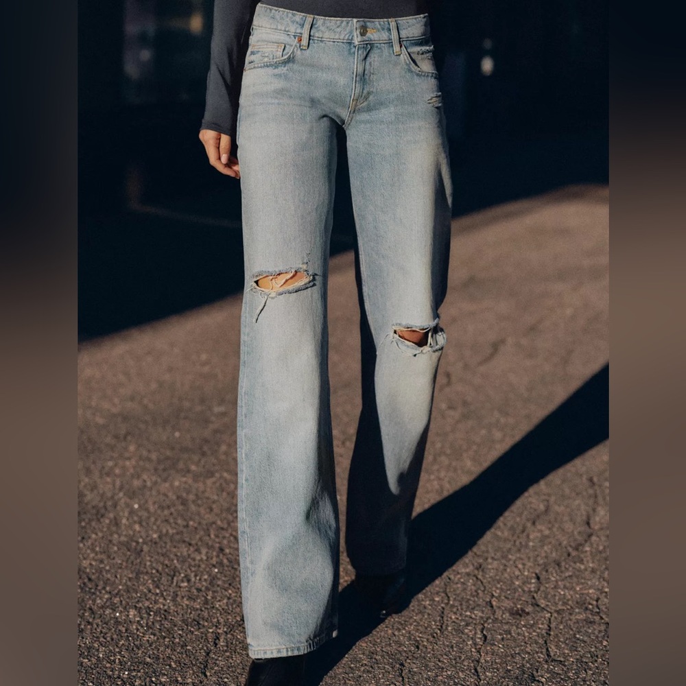 Zara TRF Low Rise Ribbed Wide Leg Jeans